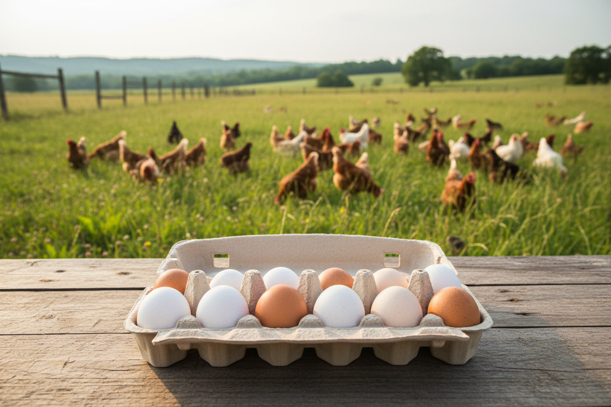 12 eggs in an egg carton with a herd of chickens grazing in a lush meadow in the background