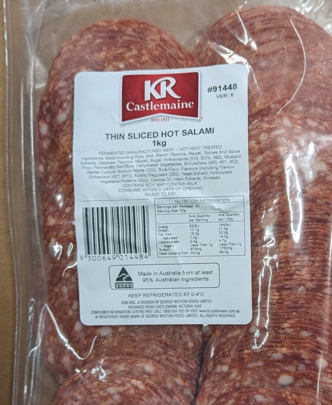 KRC Salami Hot Thin Sliced Salami 1kg
