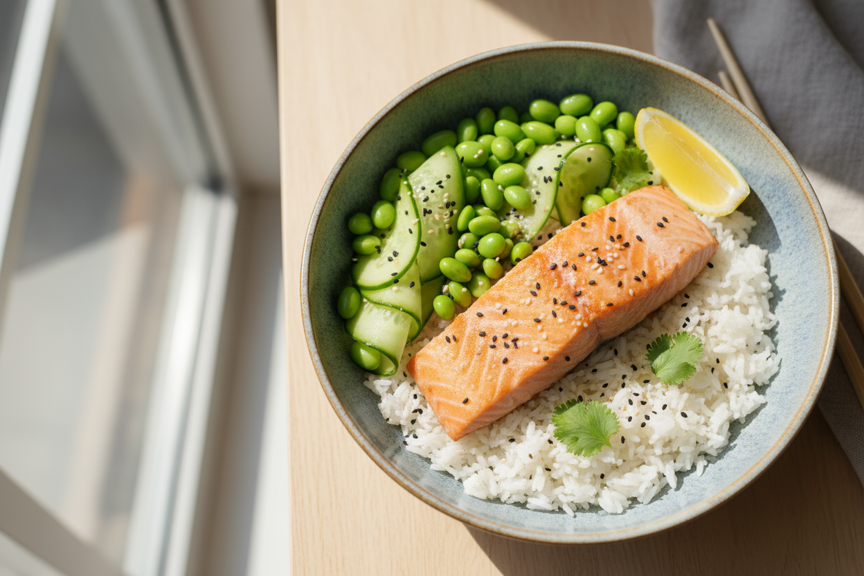 salmon portioned in a rice bowl